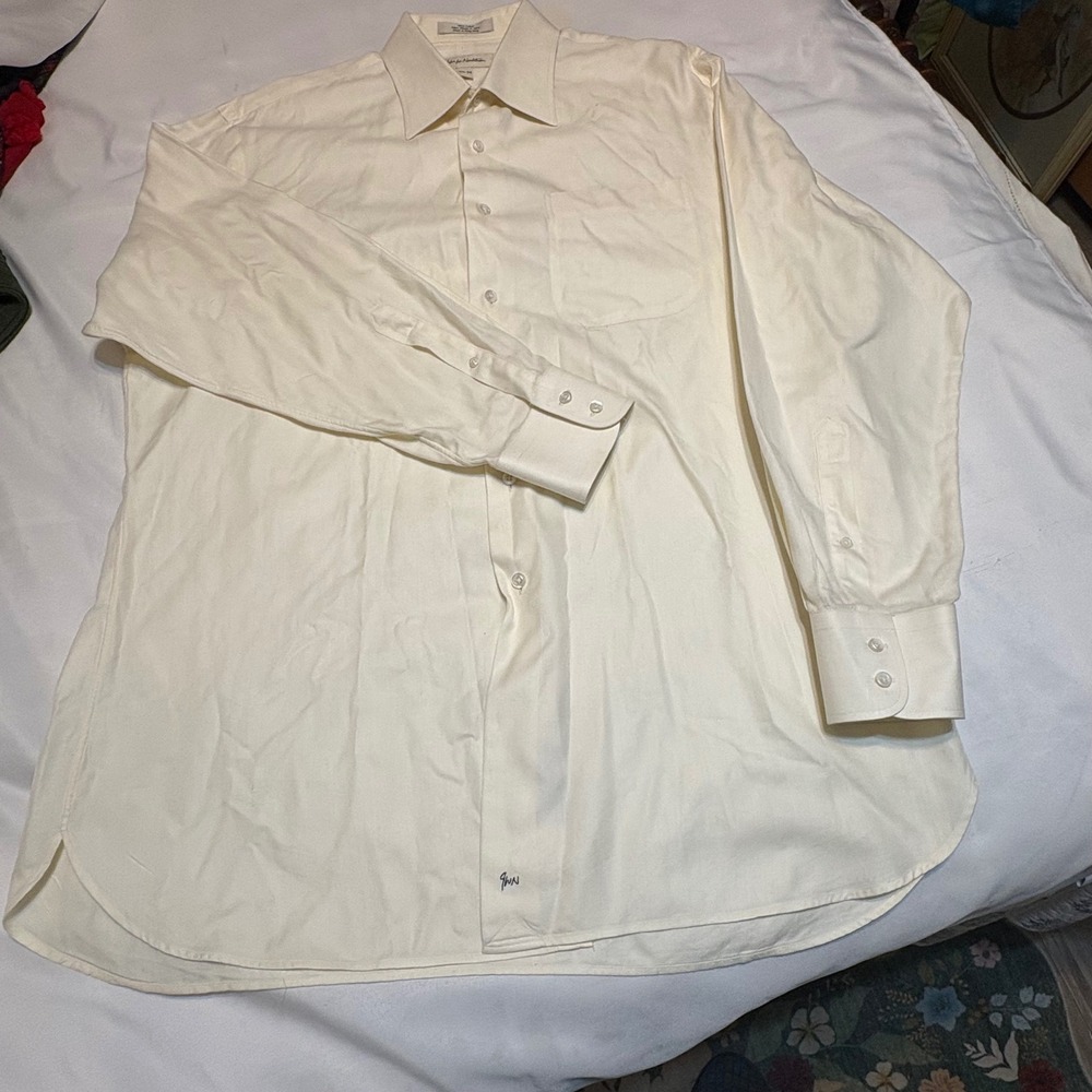 John W. Nordstrom Mens Cream Herringbone Dress Shirt 16.5 34 Italian Fabric